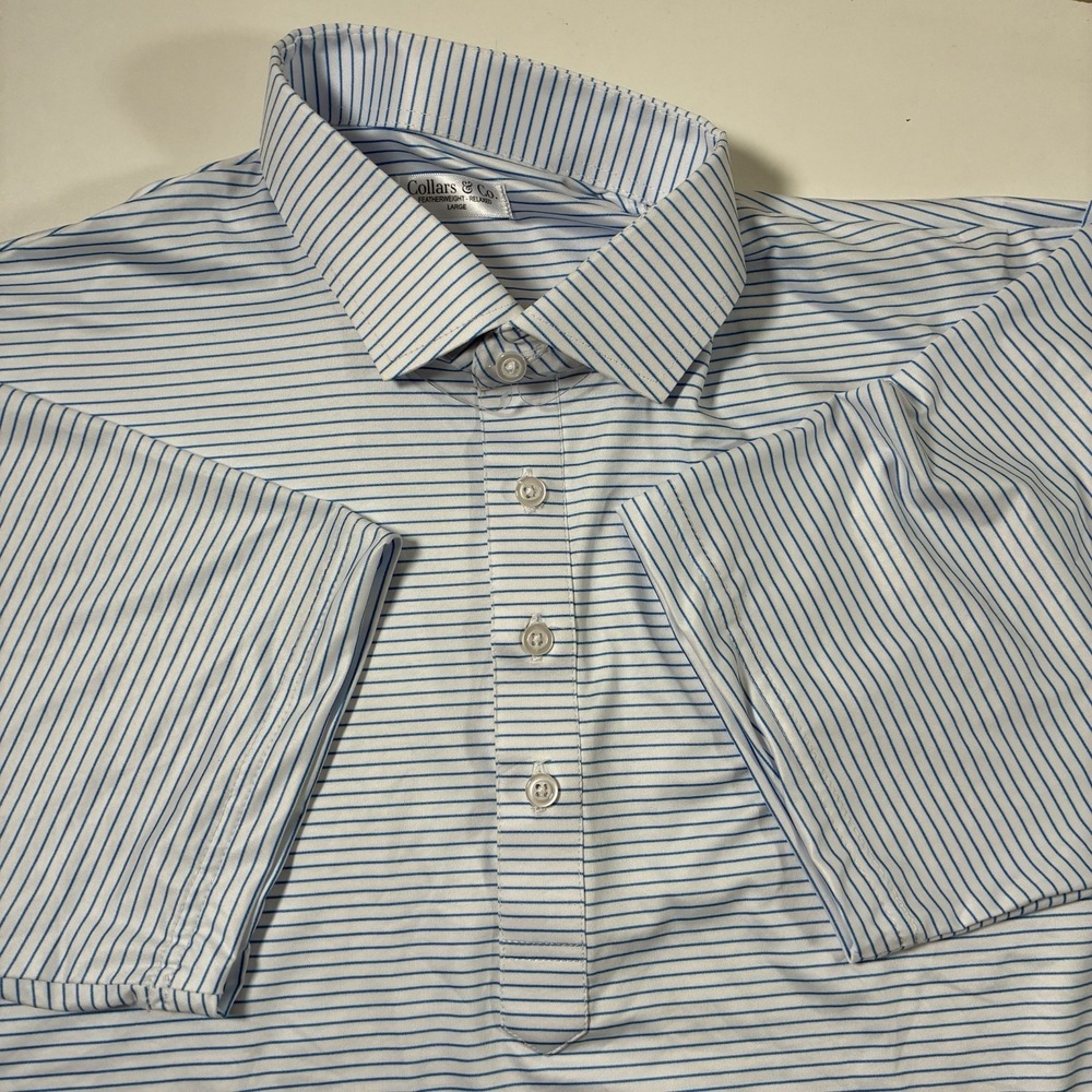 NEW Collars and Co. Dress Polo Shirt Large Featherweight Relaxed White Striped